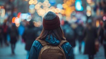 ai generiert Depression Frau Gehen allein auf ein beschäftigt Straße voll mit Menschen Einsamkeit mit mental Krankheit foto