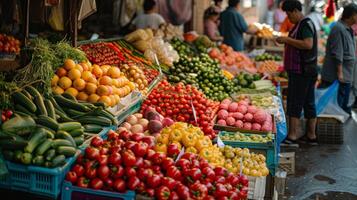ai generiert Marktplatz mit beschwingt Früchte und Gemüse auf Stände lokal Bauern und Kunden Hintergrund. foto