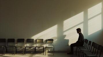 ai generiert Depression Mann Sitzung allein im ein Weiß Zimmer Weiß Wände und Reihe von leeren Stühle foto