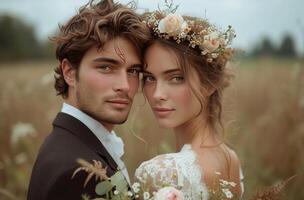 ai generiert Bräutigam und Braut und Blumen auf ihr Bräutigame Kopf foto