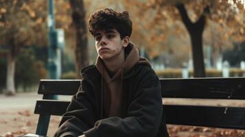 ai generiert ein Teenager Mann mit ein Pickel Gesicht Sitzung allein auf ein Park Bank während Herbst foto