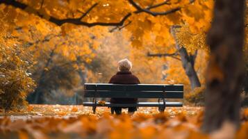 ai generiert Depression alt Mann Sitzung allein auf ein Herbst Park Bank Kampf von Leben mit mental Krankheit foto