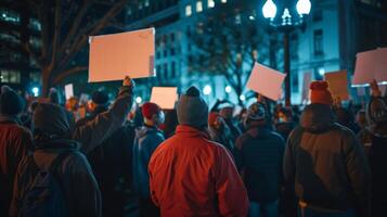 ai generiert ein Gruppe von Demonstranten halten leer Zeichen draußen ein Regierung bauen foto