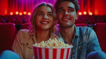 ai generiert schön jung Paar Sitzung im ein Kino mit ein groß Eimer von Popcorn foto