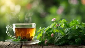 ai generiert ein Tasse von Grün Tee Nächster zu Minze Blätter auf ein hölzern Tisch. verschwommen Hintergrund von Sommer- Garten von hinter foto