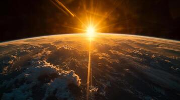ai generiert das Sonne steigt an Über Planet Erde. Aussicht von das Fenster von das Sojus Raumfahrzeug foto