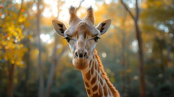 ai generiert Giraffe Porträt mit Herbst Laub foto