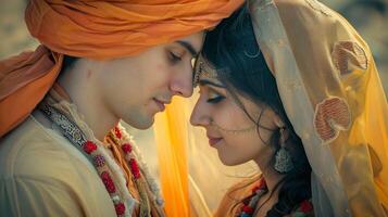 ai generiert göttlich Liebe Feier, jung Paar wie Radha und krishna foto