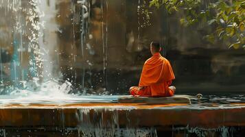 ai generiert spirituell Ruhe, Buddha im Thailand mit städtisch Expressionismus foto