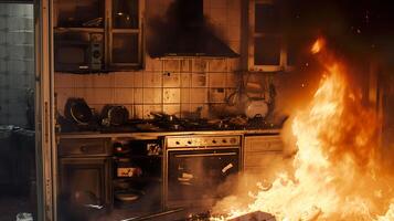 ai generiert Flucht das Verbrennung Küche, heftig Haus Feuer Katastrophe foto