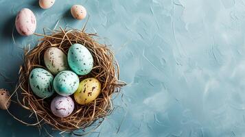 ai generiert Ostern Freude, feiern mit Pastell- gemalt Eier im Vogel Nest foto