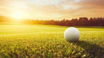 ai generiert Golf Ball auf Kurs beim Sonnenaufgang foto