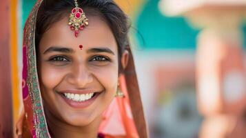 ai generiert Smiley indisch Frau, ausstrahlen Freude im ein Mittel Schuss foto