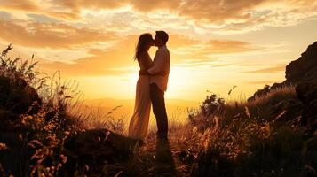 ai generiert Sonnenuntergang Romantik, Paar küssen im das warm glühen von Dämmerung foto