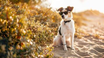 ai generiert bezaubernd Hund im Sonnenbrille auf sandig Strand, Sommer- Haustier Porträt foto