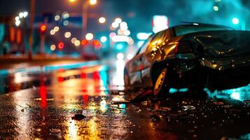 ai generiert Nachtzeit Achtung, Auto Absturz Unfall auf das Straße foto