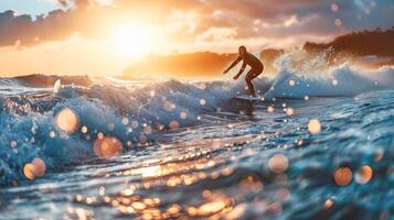 ai generiert Küsten Abenteuer, dynamisch Surfer im Aktion auf wellig Meer foto