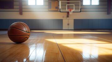 ai generiert Schule Fitnessstudio brechen, Basketball ruhen auf das Fußboden foto