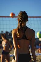 ai generiert Strand Volleyball Lebensstil, sportlich Mädchen im Aktion auf Sand foto