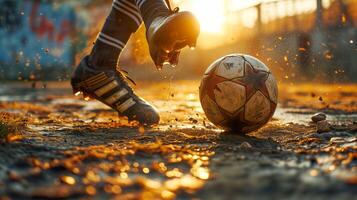 ai generiert Fußball Aktion, Seite Aussicht von Fußball Stiefel treten Ball foto