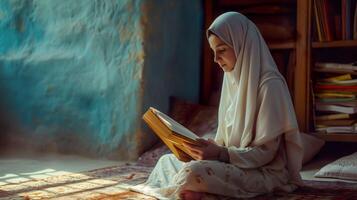 ai generiert islamisch Frau studieren, konzentriert Bildung und Konzentration foto
