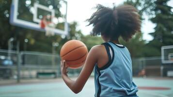 ai generiert Basketball üben, afrikanisch amerikanisch Mädchen hüpfen Ball im Uniform foto