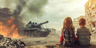 ai generiert Unschuld inmitten Chaos, Kinder im das Nachwirkungen von Krieg foto