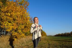 Mädchen auf ein Hintergrund von Gelb Blätter von Herbst Bäume. Herbst Foto Sitzung.