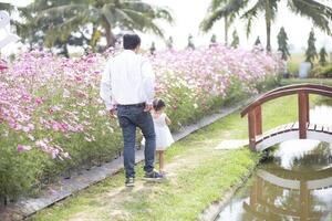 wenig Mädchen mit ihr Vater auf Natur Hintergrund ein zurück Aussicht von das Vater im Himmel Konzept. Vater hält Tochter Hand wie sie Spaziergänge. foto