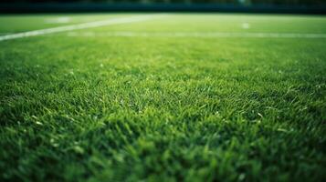 ai generiert Grün Gras Fußball Feld schließen oben foto