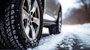 ai generiert Auto Rad auf Straße mit Schnee im Winter. Fahrt sicher foto