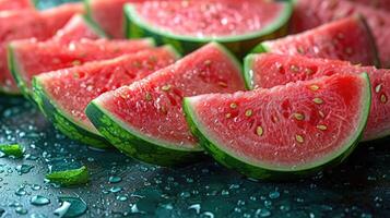 ai generiert Scheiben Wassermelone mit beschwingt rot und Grün Farbtöne, Schuss von ein Overhead Perspektive. foto