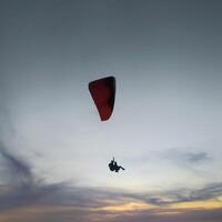 Silhouette von ein Gleitschirm hochfliegend im das Nachmittag Himmel. extrem Sport. foto