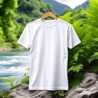 ai generiert png leer T-Shirt Attrappe, Lehrmodell, Simulation hängend auf ein hölzern Aufhänger mit ein Natur Hintergrund foto