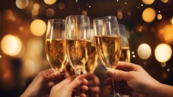 ai generiert Gruppe von Menschen Toasten mit Brille von Champagner auf verschwommen Hintergrund mit golden Bokeh, Weihnachten Konzept foto