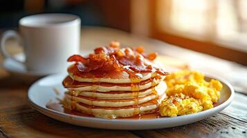 ai generiert klassisch amerikanisch Frühstück mit Pfannkuchen und Speckklassisch amerikanisch Frühstück, Pfannkuchen mit Speck. . generativ ai. foto