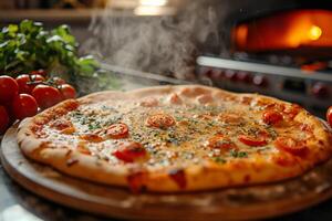 ai generiert ein frisch gebacken heiß Käse Pizza geschmückt mit geschnitten Kirsche Tomaten und Kräuter, Dampf steigend aus das Oberfläche auf ein hölzern Tafel. generativ ai. foto