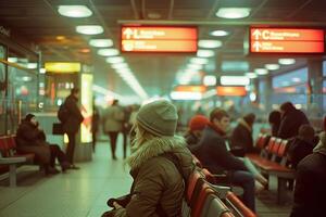 ai generiert beschäftigt unter Tage Metro Bahnhof mit Passagiere warten zum das Nächster Zug. generativ ai. foto