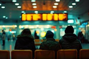 ai generiert Passagiere warten beim Bahnhof unter Abfahrt Tafel. generativ ai. foto