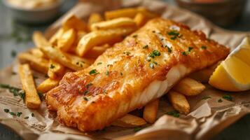 schließen oben von Fisch und Chips mit Französisch Fritten. schnell Essen Konzept. foto