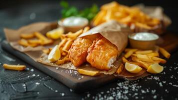 schließen oben von Fisch und Chips mit Französisch Fritten. schnell Essen und Werbung Konzept. foto