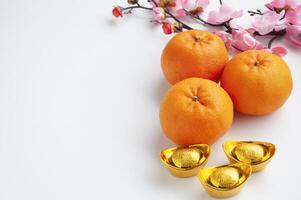 oben Aussicht von Chinesisch Neu Jahr Mandarin Orangen, Kirsche blühen und golden Barren mit anpassbar Raum zum Text oder wünscht sich foto