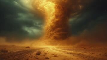 ai generiert das Himmel war dunkel mit Donner Grollen, wie ein Sand Tornado gekreuzt das Wüste. foto