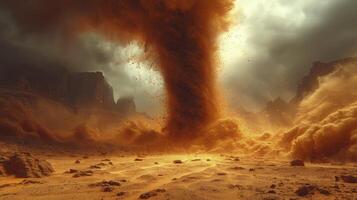 ai generiert ein Sand Tornado im das Mitte von ein hell Wüste während das Tag, mit Sand Vorbeigehen durch das Luft. foto