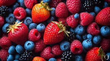 ai generiert mischen von Beeren eine solche wie Erdbeeren, Blaubeeren, und Himbeeren vereinbart worden kunstvoll zum ein platzen von Farbe Hintergrund. foto