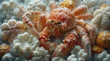 ai generiert verschiedene gefroren Meeresfrüchte, Krabbe, fotografiert schließen hoch. foto