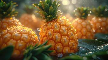 ai generiert tropisch Ananas Paradies - - ein Hintergrund präsentieren ein tropisch Paradies mit ein Ananas, Erfassen das exotisch und beschwingt Wesen von das Obst nass mit Wasser Tröpfchen. foto