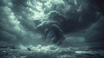 ai generiert ein Tornado Sturm im ein tropisch Ozean begleitet durch schwer Regen und stark Winde. foto