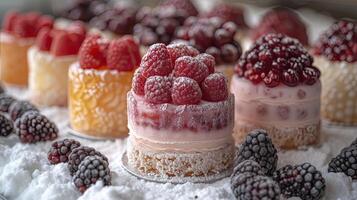 ai generiert Süss Kuchen Dessert serviert kalt. Süss Kuchen und Obst Dessert Hintergrund. foto