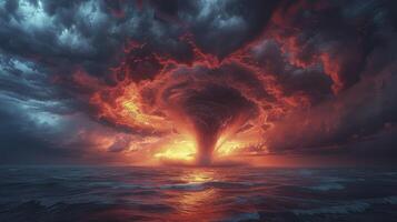 ai generiert ein Tornado Sturm Über das Ozean beim Dämmerung, mit das Himmel in Flammen mit das rötlich Farbtöne von das Rahmen Sonne. foto